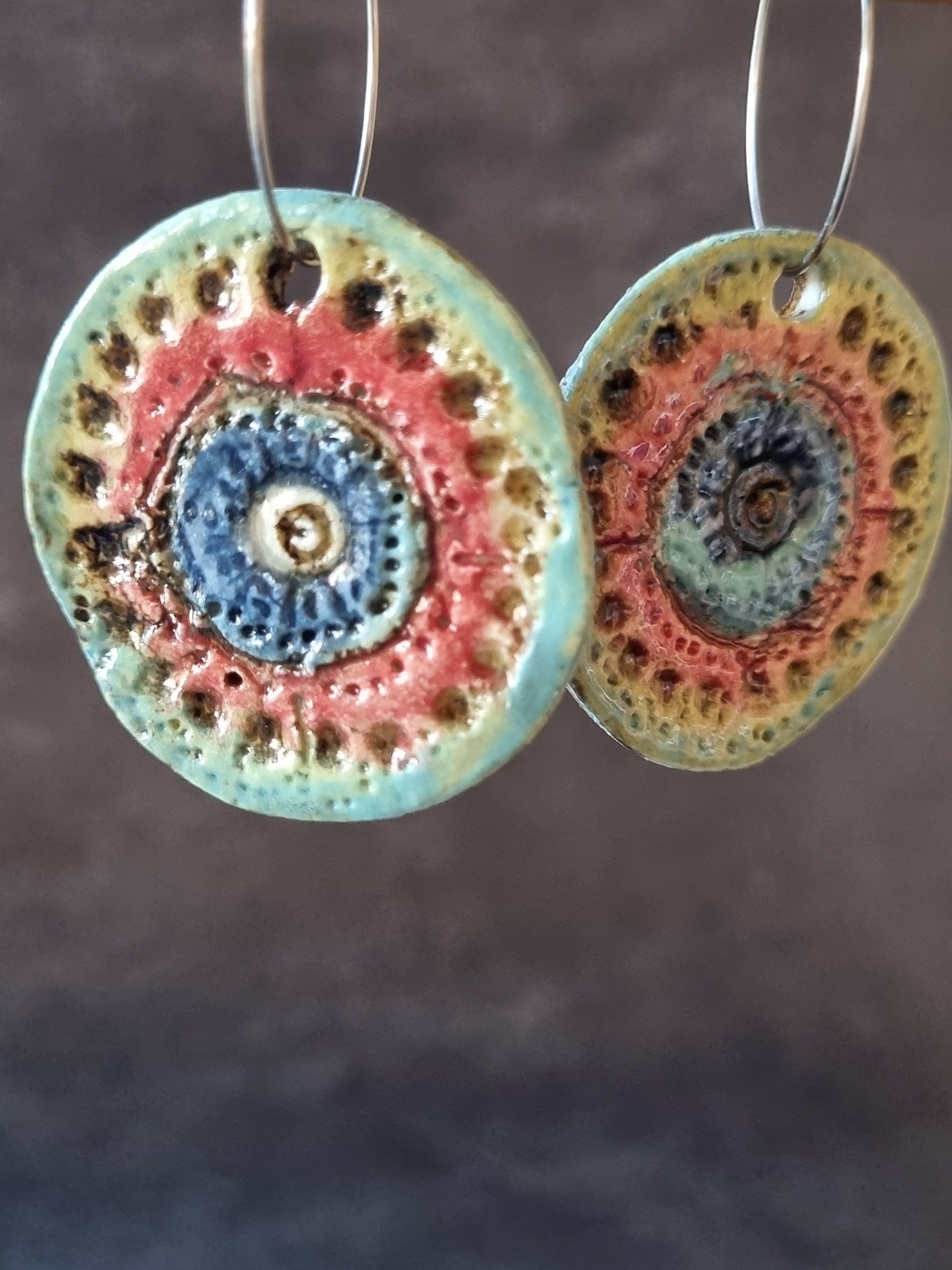 Handmade Stoneware Ceramic Earrings, blue-orange-green multi-coloured, 35mm diameter, pierced ears
