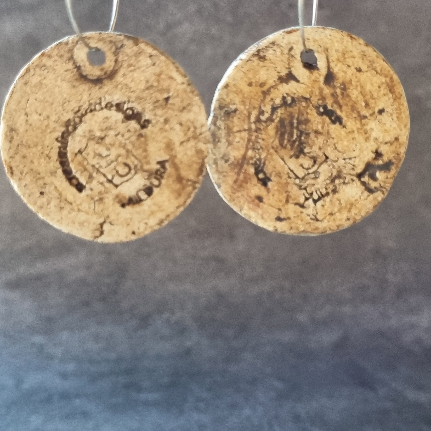 Handmade Stoneware Ceramic Earrings, blue-orange-green multi-coloured, 35mm diameter, pierced ears