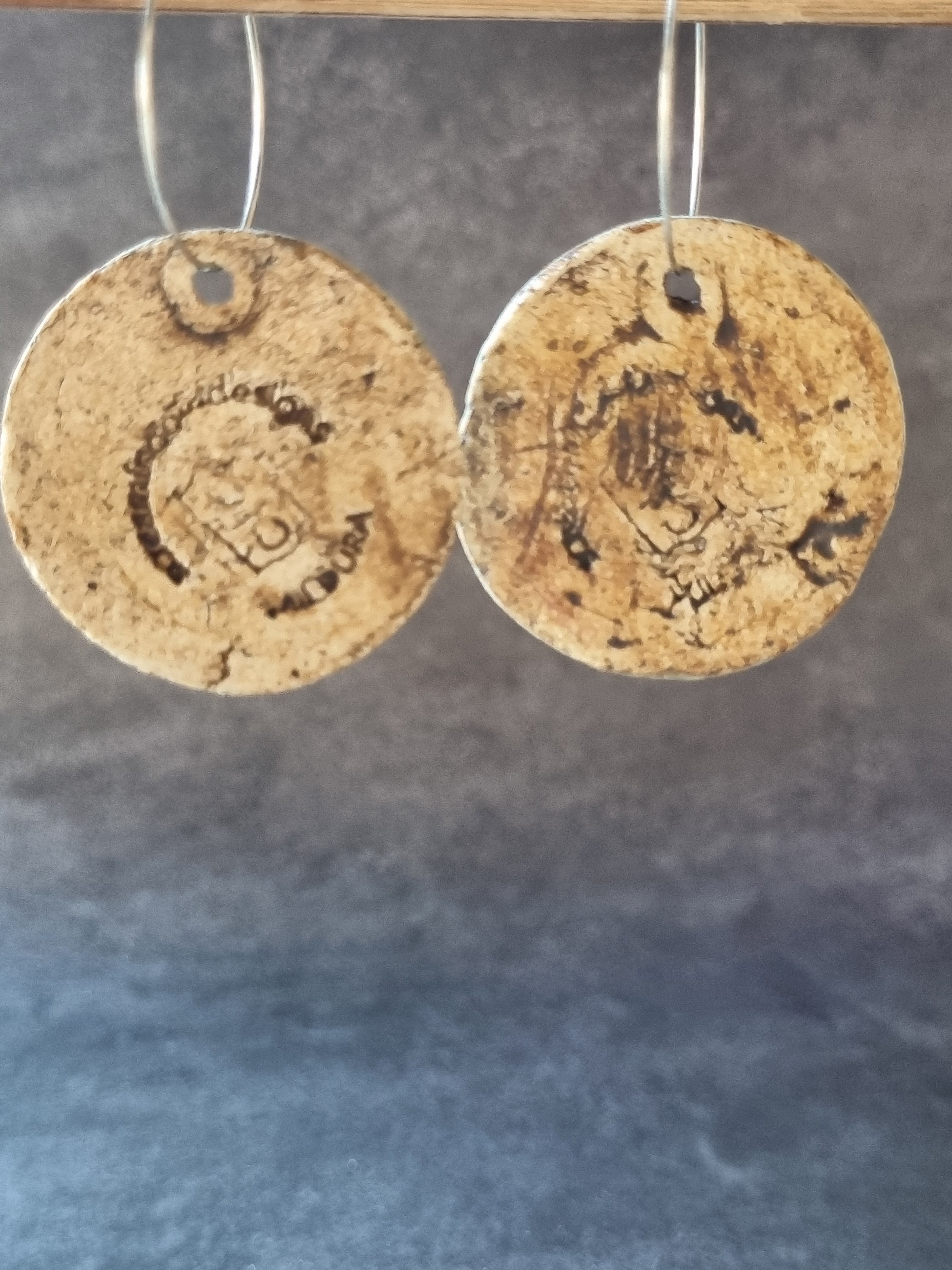 Handmade Stoneware Ceramic Earrings, blue-orange-green multi-coloured, 35mm diameter, pierced ears