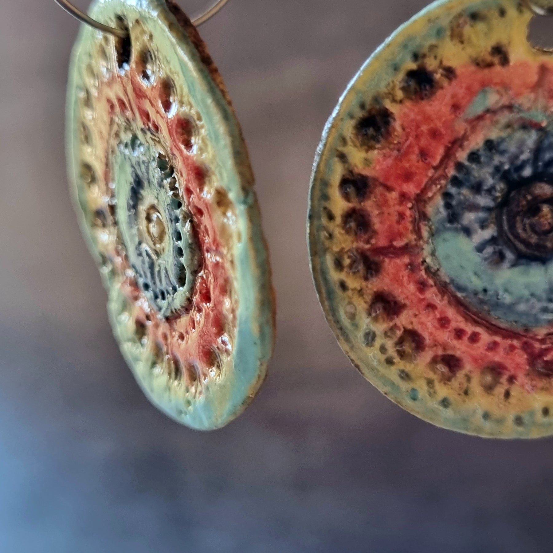 Handmade Stoneware Ceramic Earrings, blue-orange-green multi-coloured, 35mm diameter, pierced ears