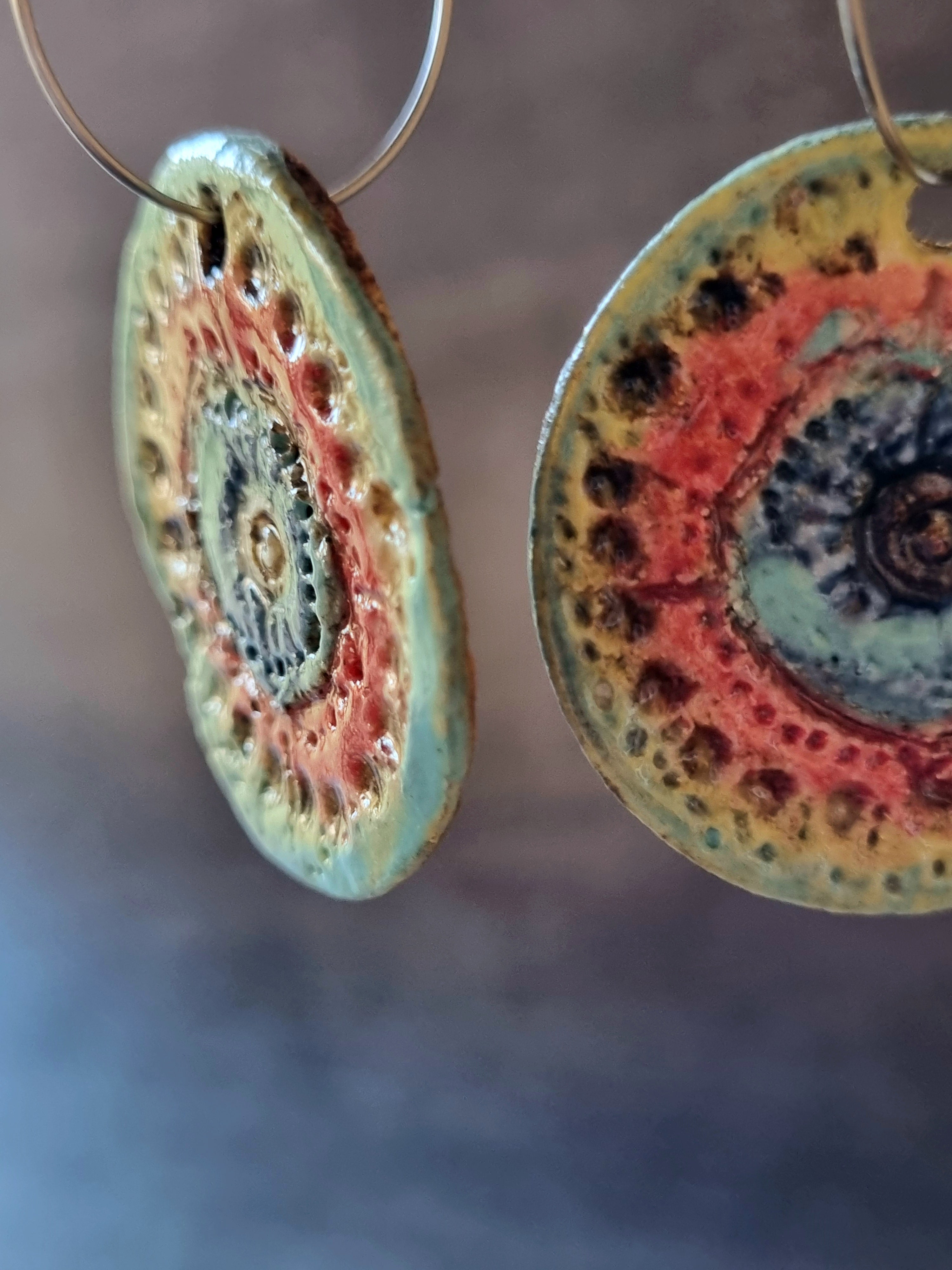 Handmade Stoneware Ceramic Earrings, blue-orange-green multi-coloured, 35mm diameter, pierced ears
