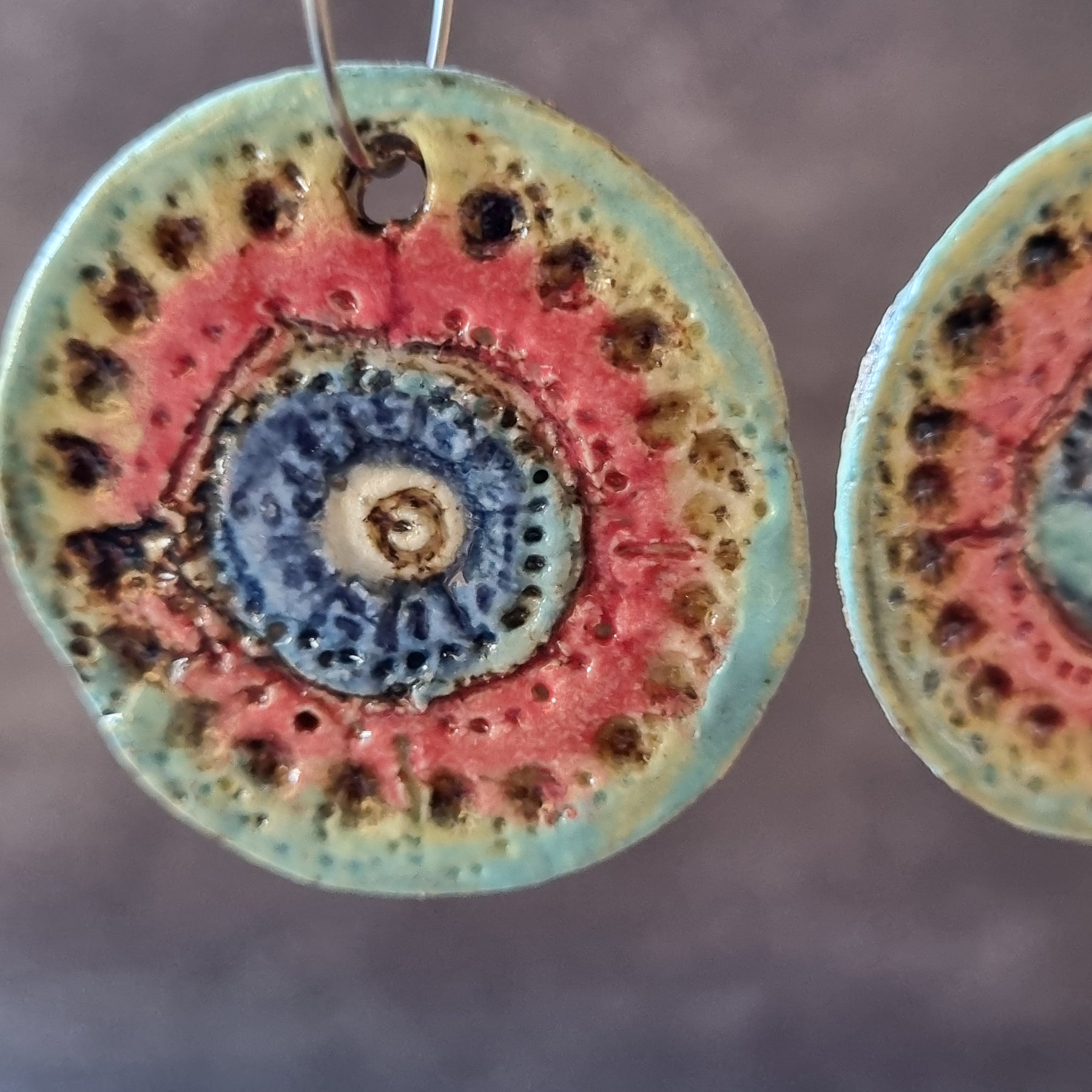 Handmade Stoneware Ceramic Earrings, blue-orange-green multi-coloured, 35mm diameter, pierced ears