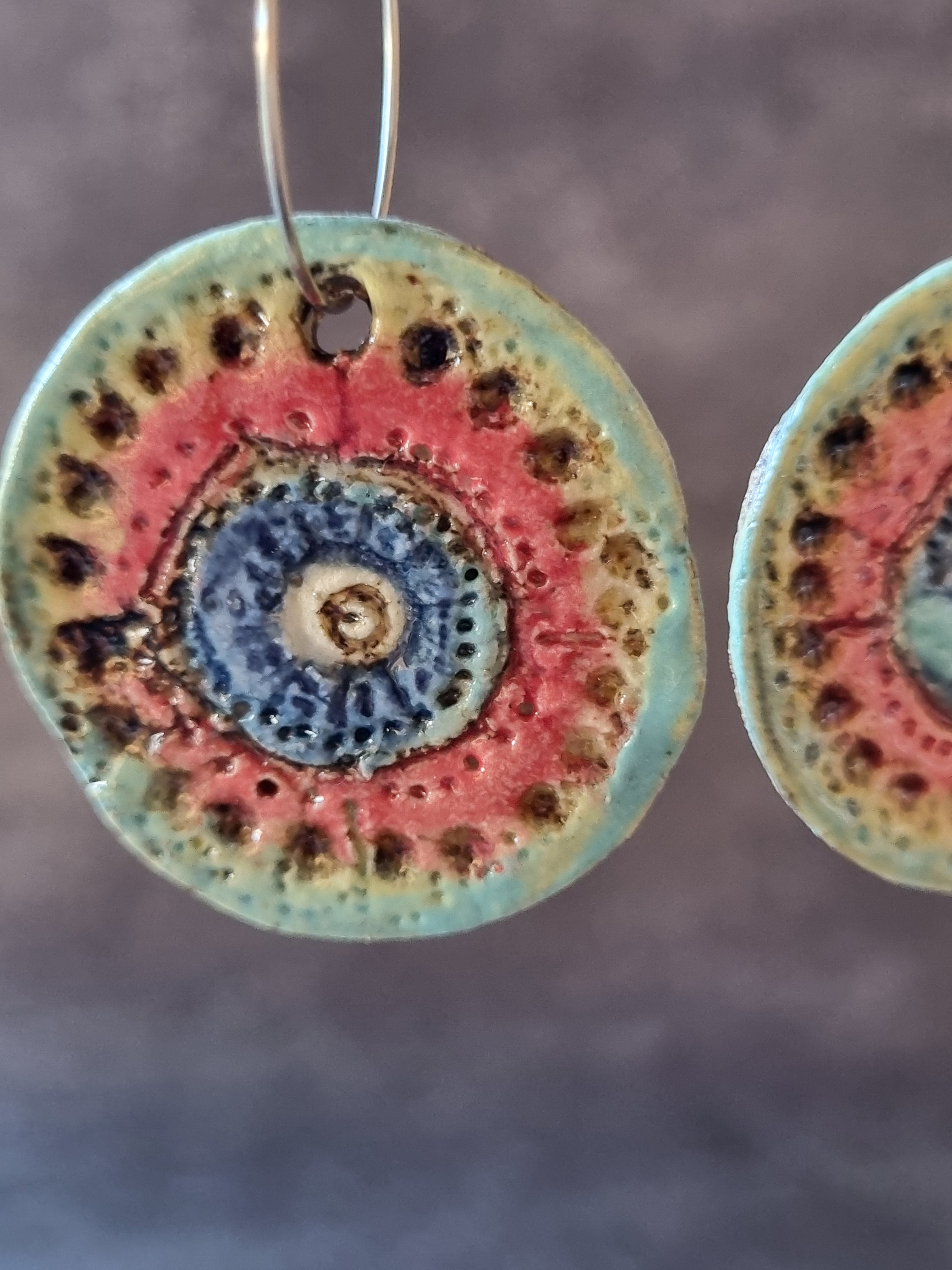 Handmade Stoneware Ceramic Earrings, blue-orange-green multi-coloured, 35mm diameter, pierced ears