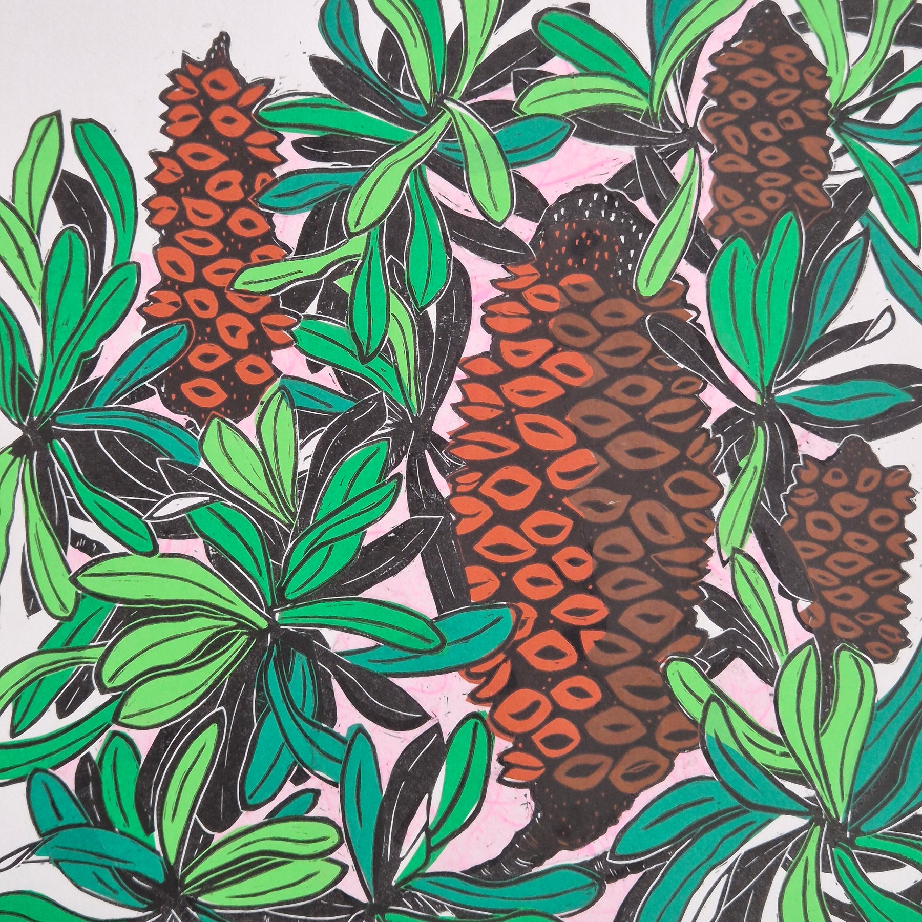 Banksia linocut original artwork chine colle Pink Sky