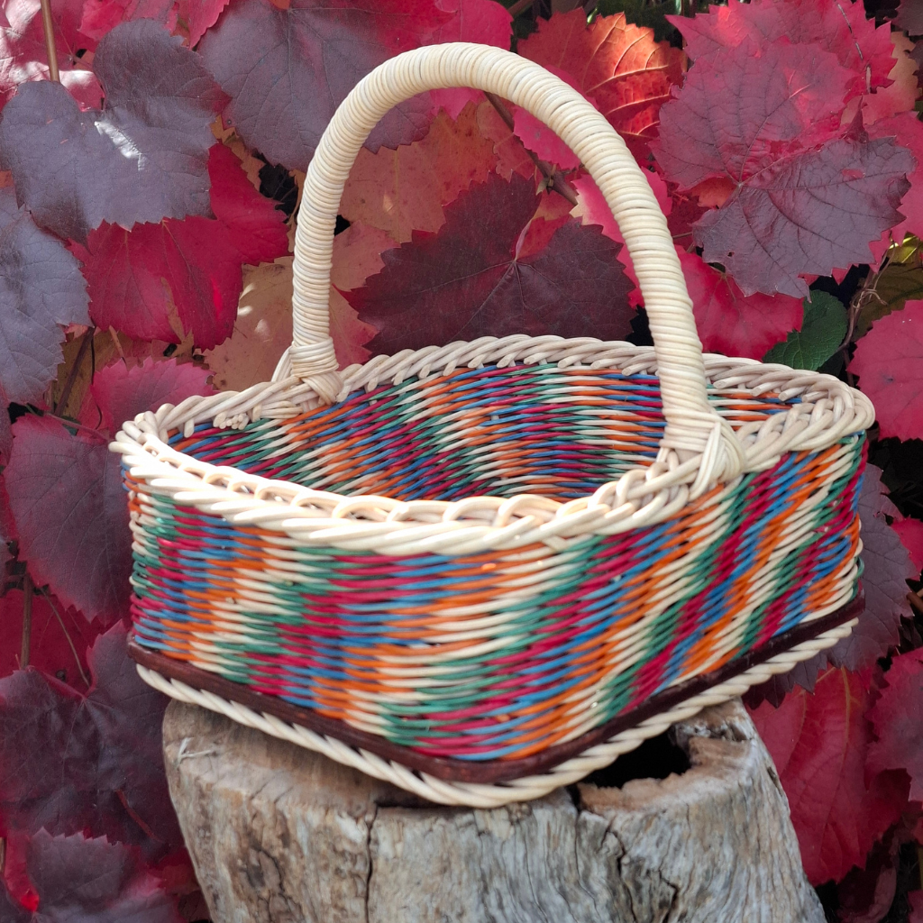 Large Rectangular orange green blue red and natural basket.