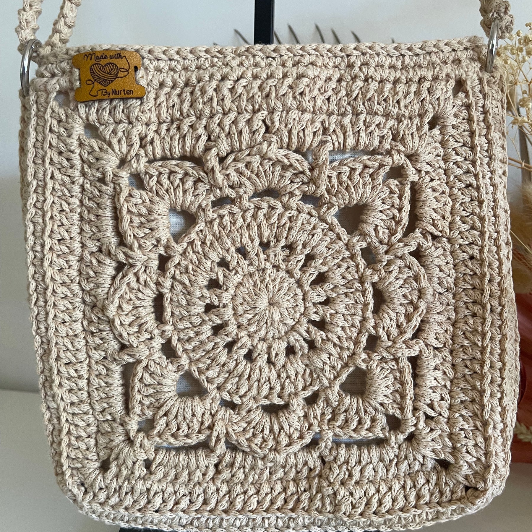 Handmade Crochet Crossbody Bag - Beige Boho Shoulder Bag, Fully Lined