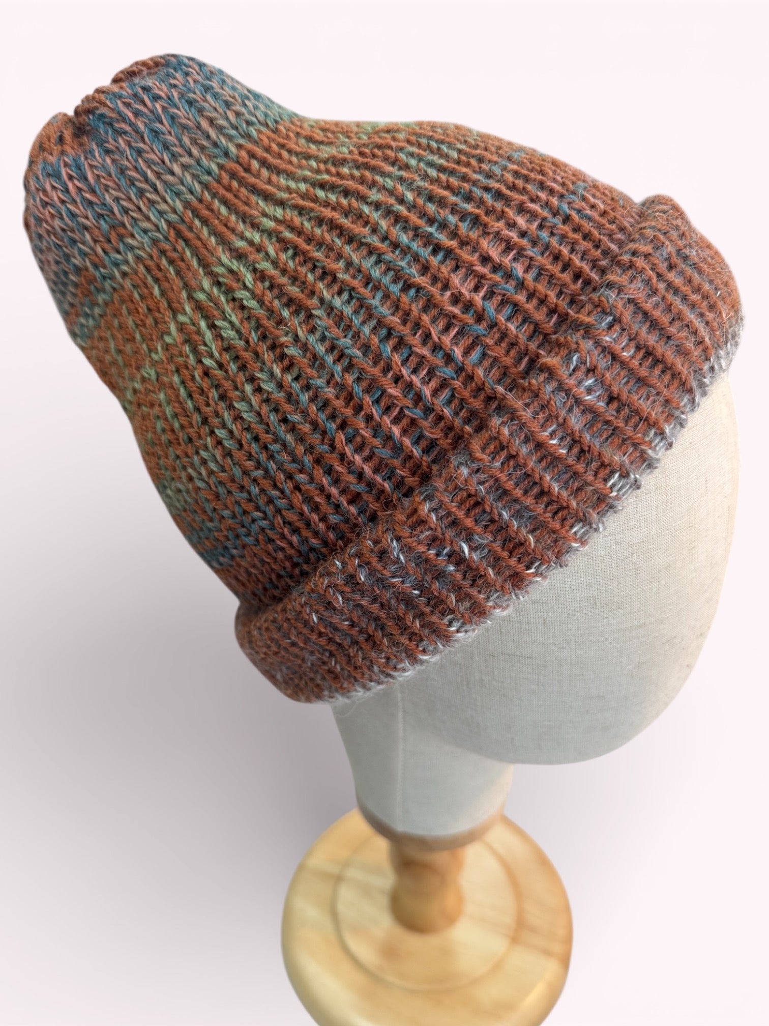 Hand Knit Reversible Beanie Blues Brown