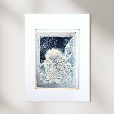 Banksia, blue white and silver | Acrylic monoprint on paper | Original artwork | A5