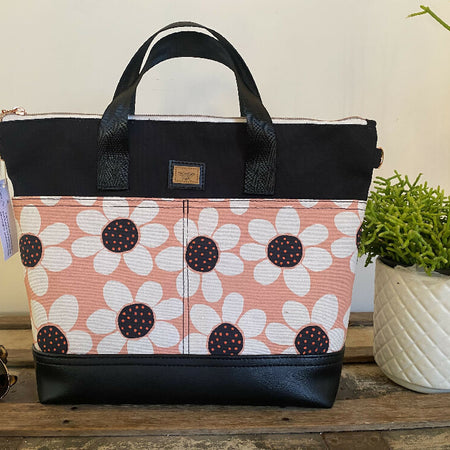 Lola Crossbody/Tote Bag - Daisies on Pink/Black Faux Leather