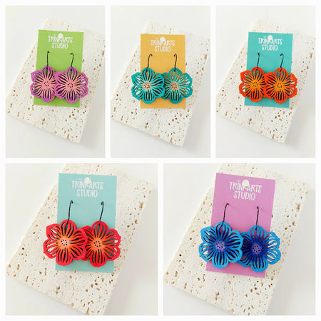Flower Hand Painted Wood Dangle Earrings