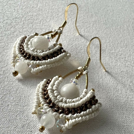 White Moonstone - Peace Micro Macrame Earrings +Free Microfiber Pouch