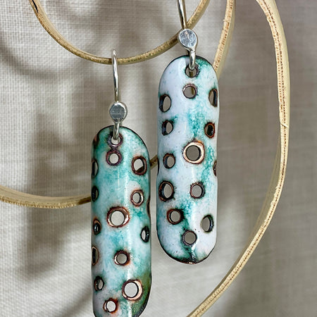 White and teal enamel earrings. Handmade