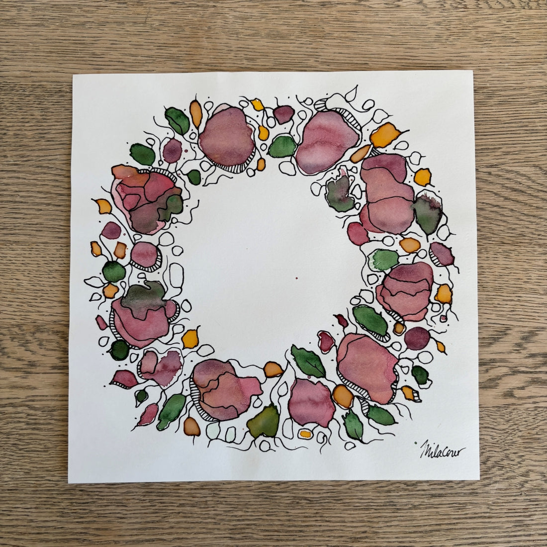 Original Handpainted Art | Flower Wreath in Soft Pink and Green