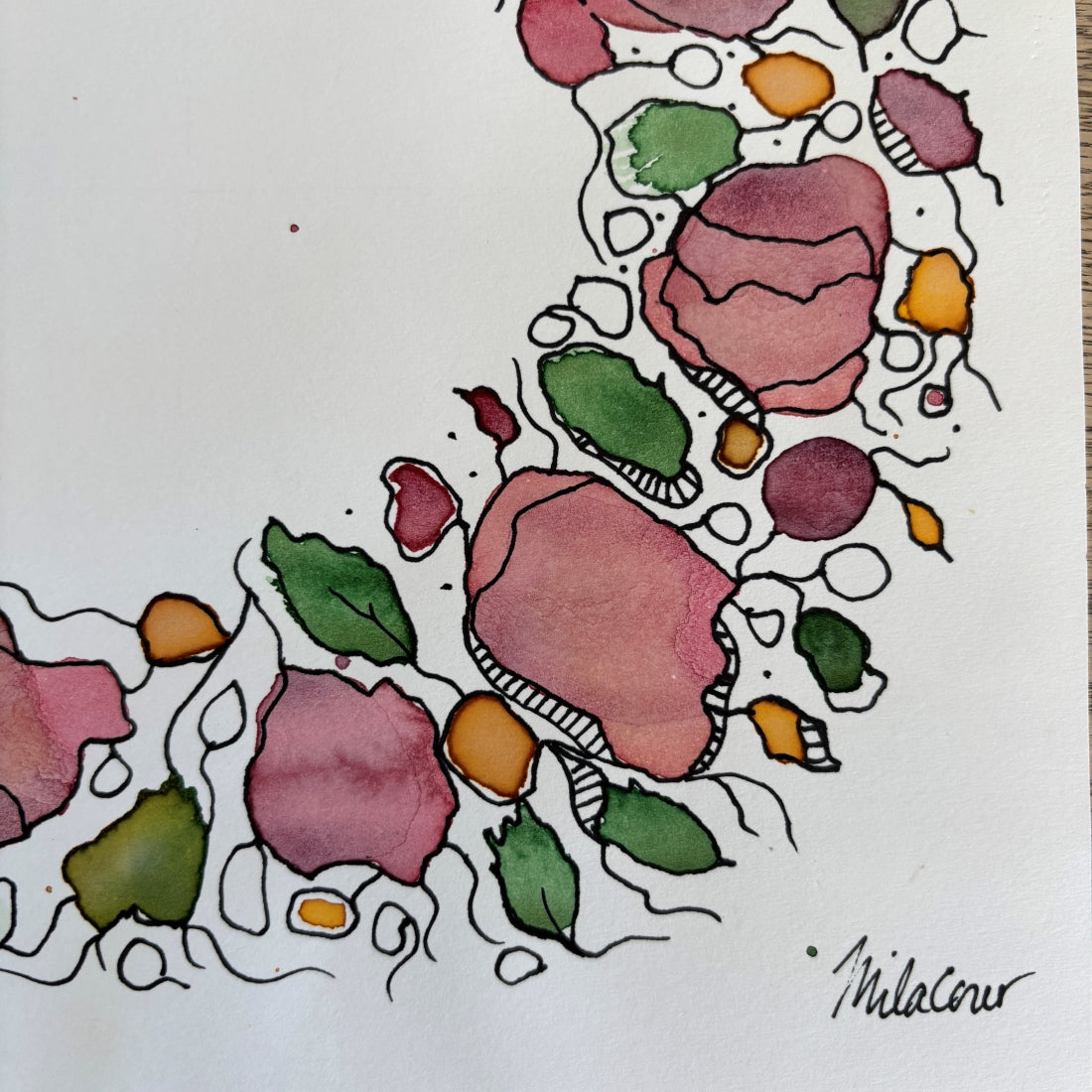 Original Handpainted Art | Flower Wreath in Soft Pink and Green