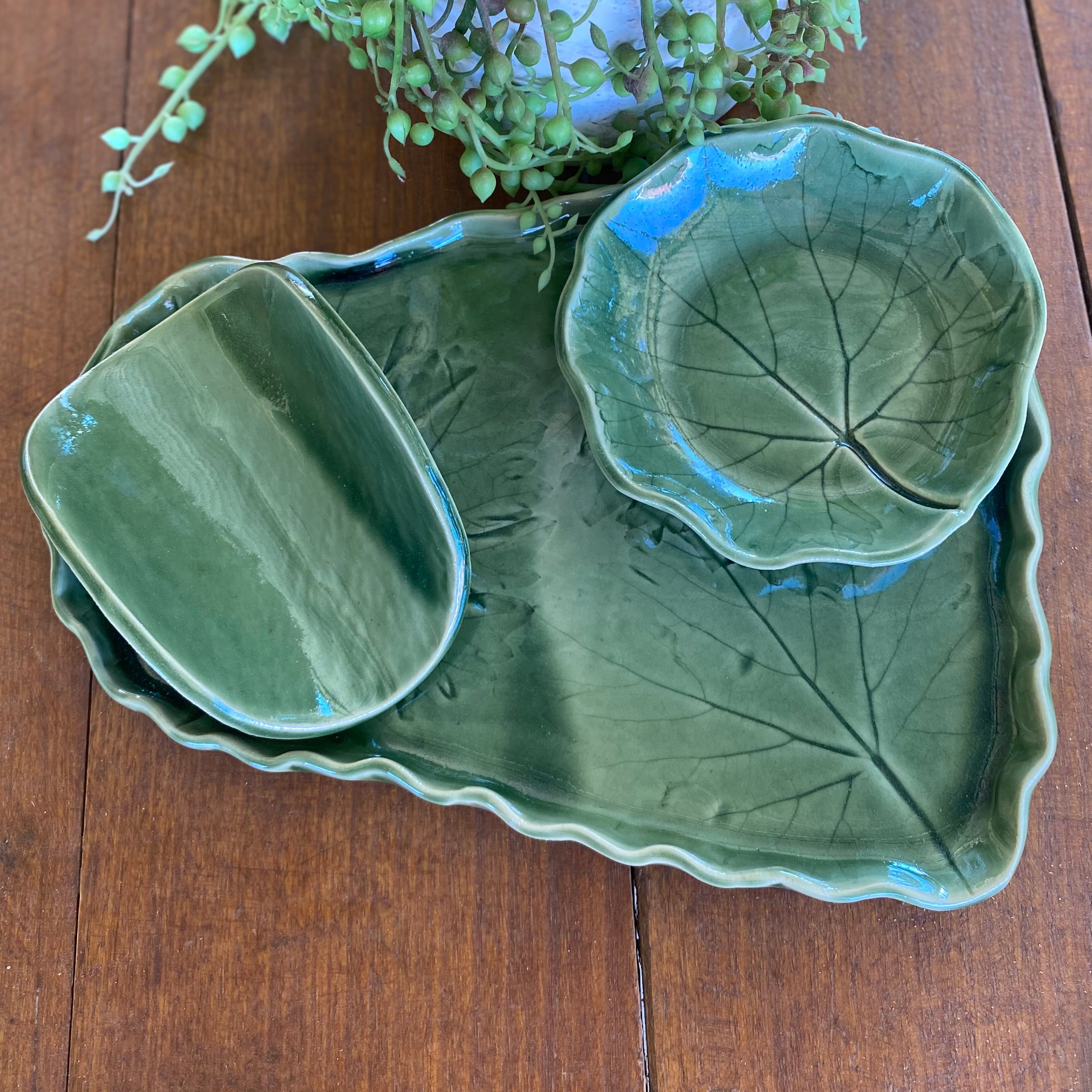 Handmade Vine Leaf Serving Tray Set – Dipping Bowl & Serviette Holder | One of a Kind