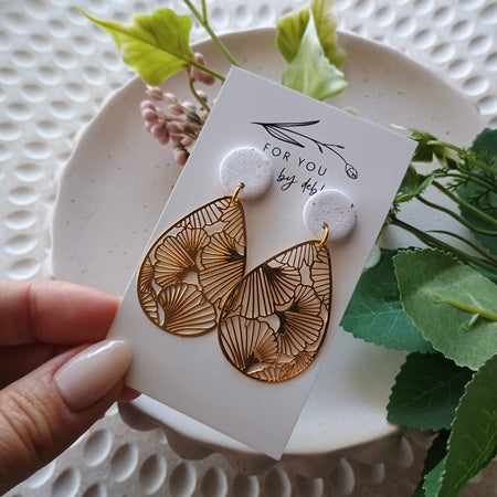 Filigree charm dangle earrings- white and gold