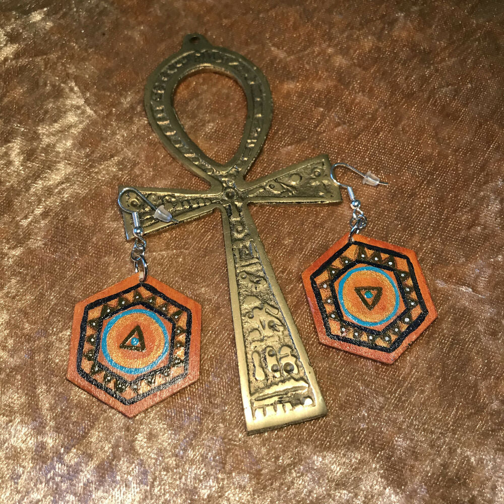 Earrings - Hand Painted Wood Hexagon Mandala