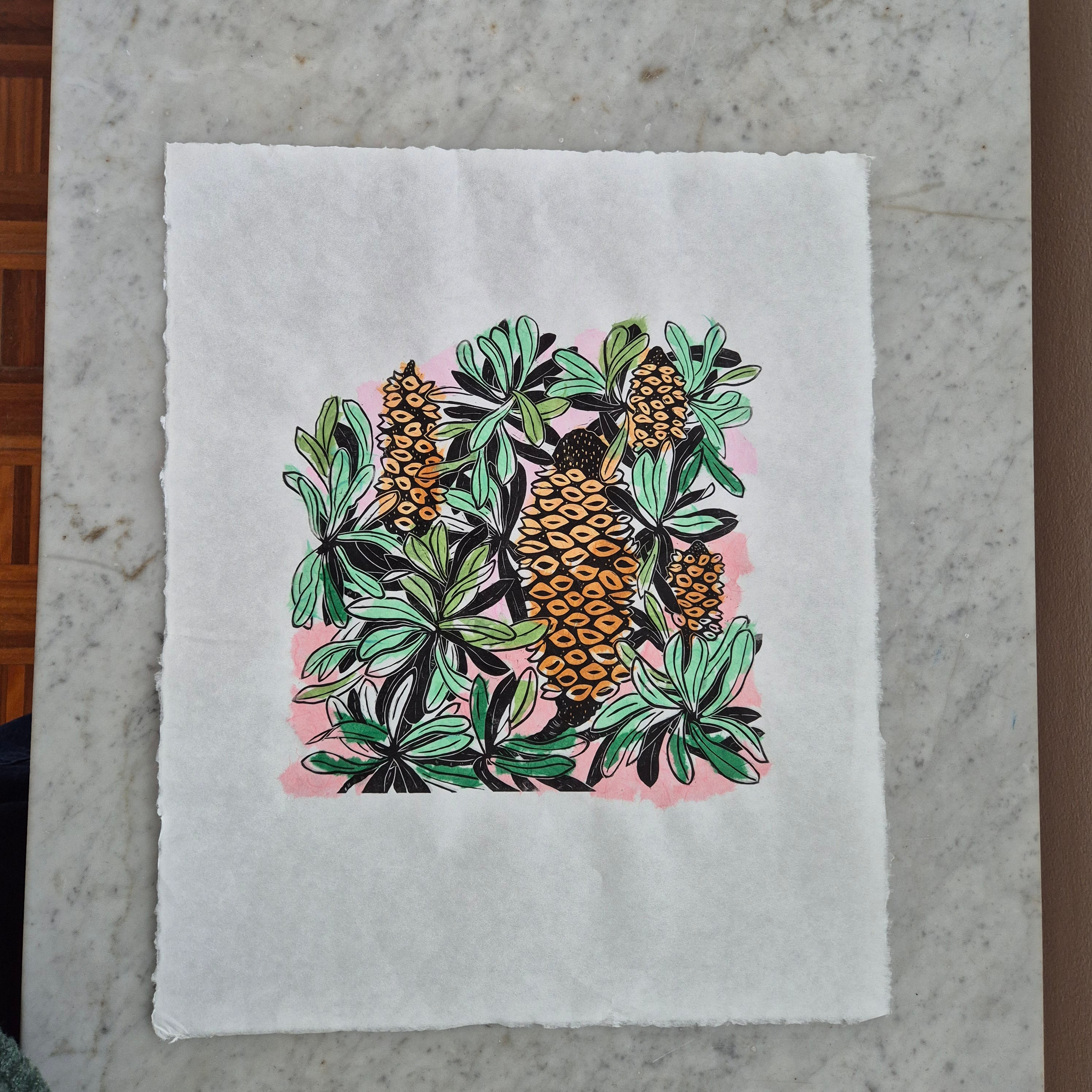 Banksia linocut chine colle artwork Awagami paper