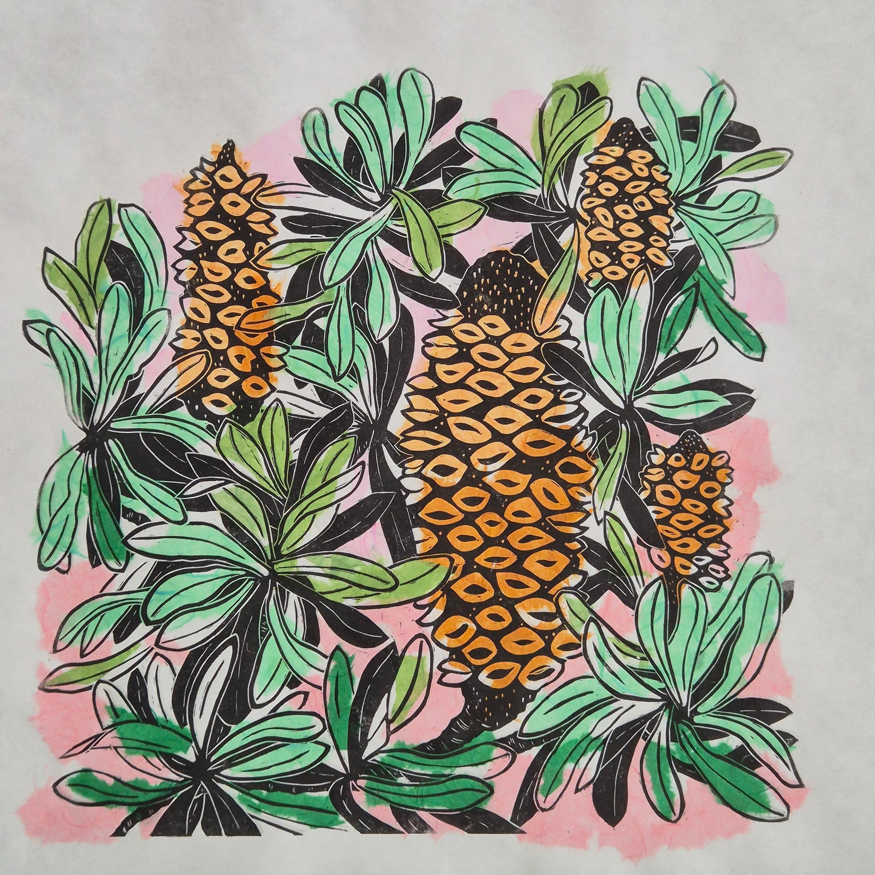 Banksia linocut chine colle artwork Awagami paper