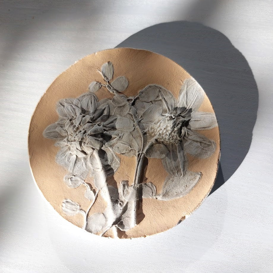 Hand-pressed Dahlias Wall Art | Floral Bas-Relief Plaster Plaque