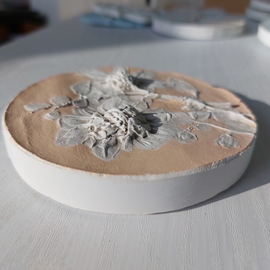 Hand-pressed Dahlias Wall Art | Floral Bas-Relief Plaster Plaque