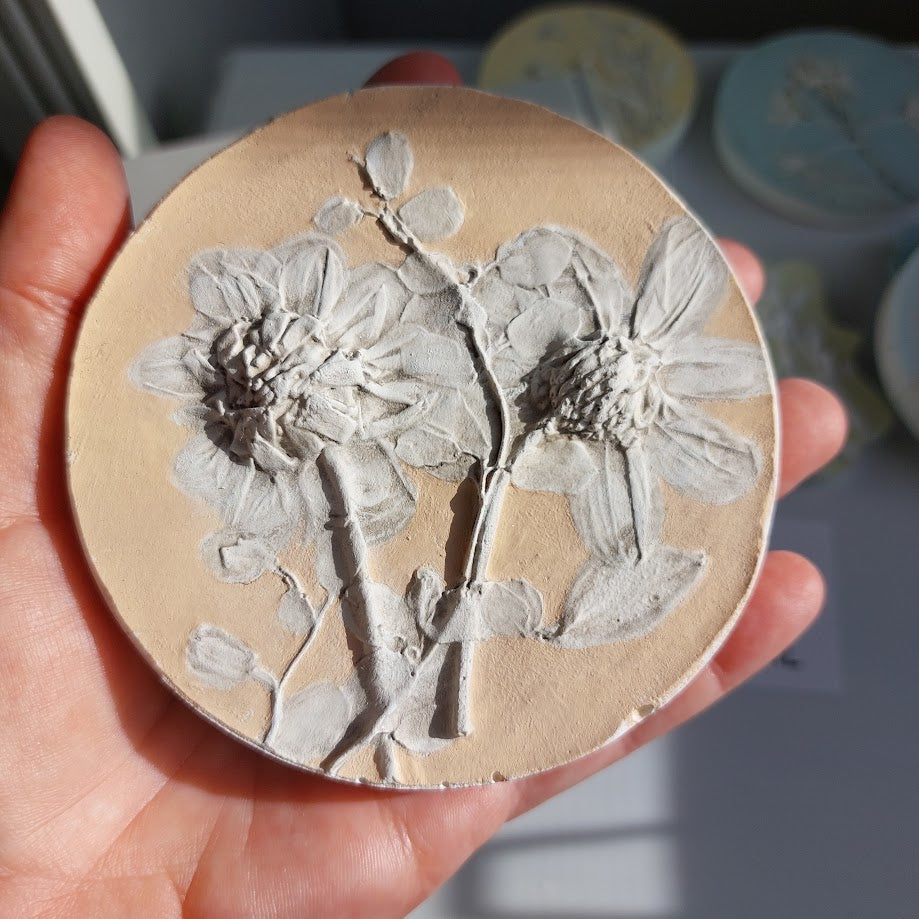 Hand-pressed Dahlias Wall Art | Floral Bas-Relief Plaster Plaque