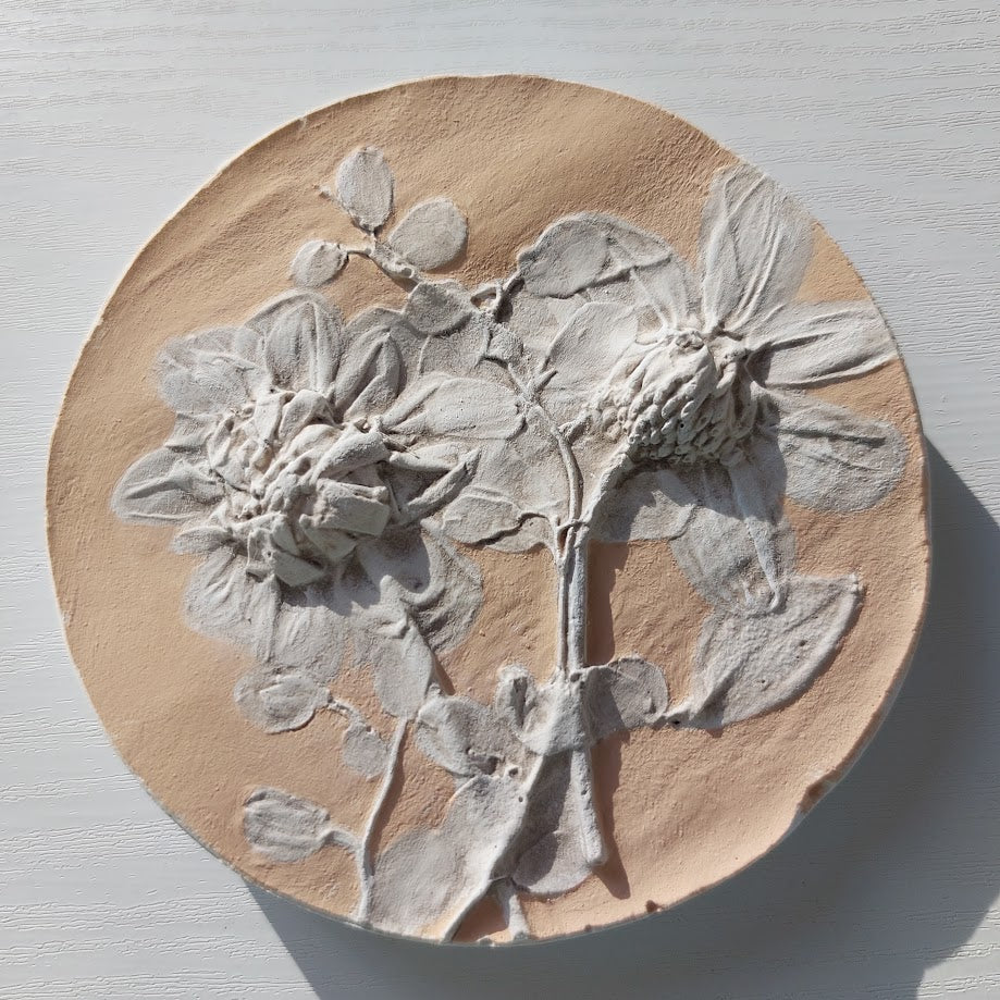 Hand-pressed Dahlias Wall Art | Floral Bas-Relief Plaster Plaque