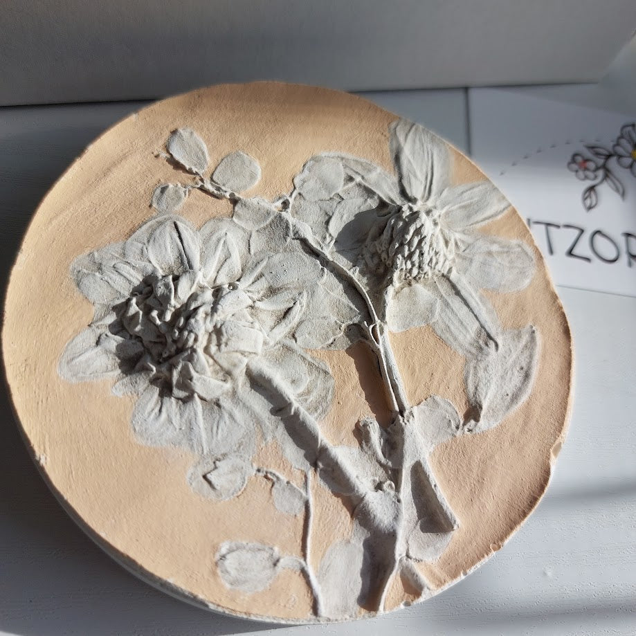 Hand-pressed Dahlias Wall Art | Floral Bas-Relief Plaster Plaque