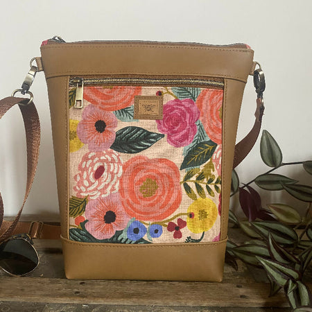 Hipster Crossbody Bag - Pink & Orange Roses/Tan Faux Leather