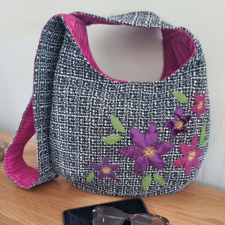 Upcycled slouchy hobo bag, appliqued magenta & purple flowers