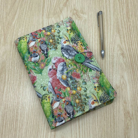 Australian Birds refillable A5 fabric notebook cover gift set - Incl. book and pen.