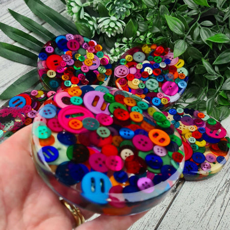 Coaster RAINBOW Button Mix Drink Mug Glass Resin Paperweight SINGLE