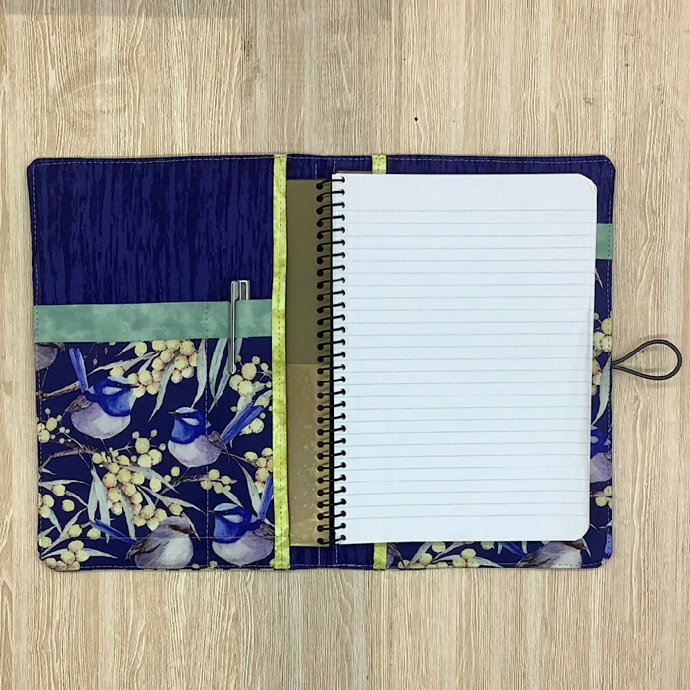 Blue Wrens (blue) refillable A5 fabric notebook cover gift set -Incl. book and pen.