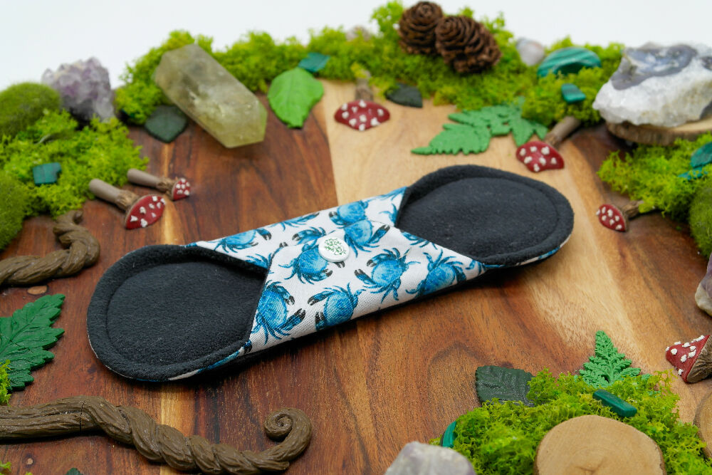 dig the flow reusables reusable cloth pad australian handmade black and white cotton lycra cats blue crabs cotton unique one-of-a-kind versodile moonrise menstrual health business - softshell waterproof backer wing closure kam snaps