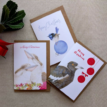 Set of 3 Christmas cards with Australian birds.