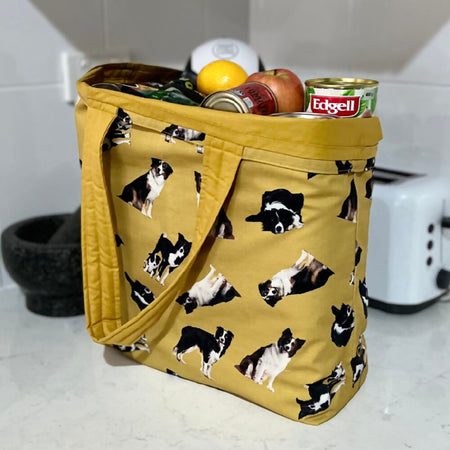Grocery Tote .. Lined with storage pouch .. Border Collie