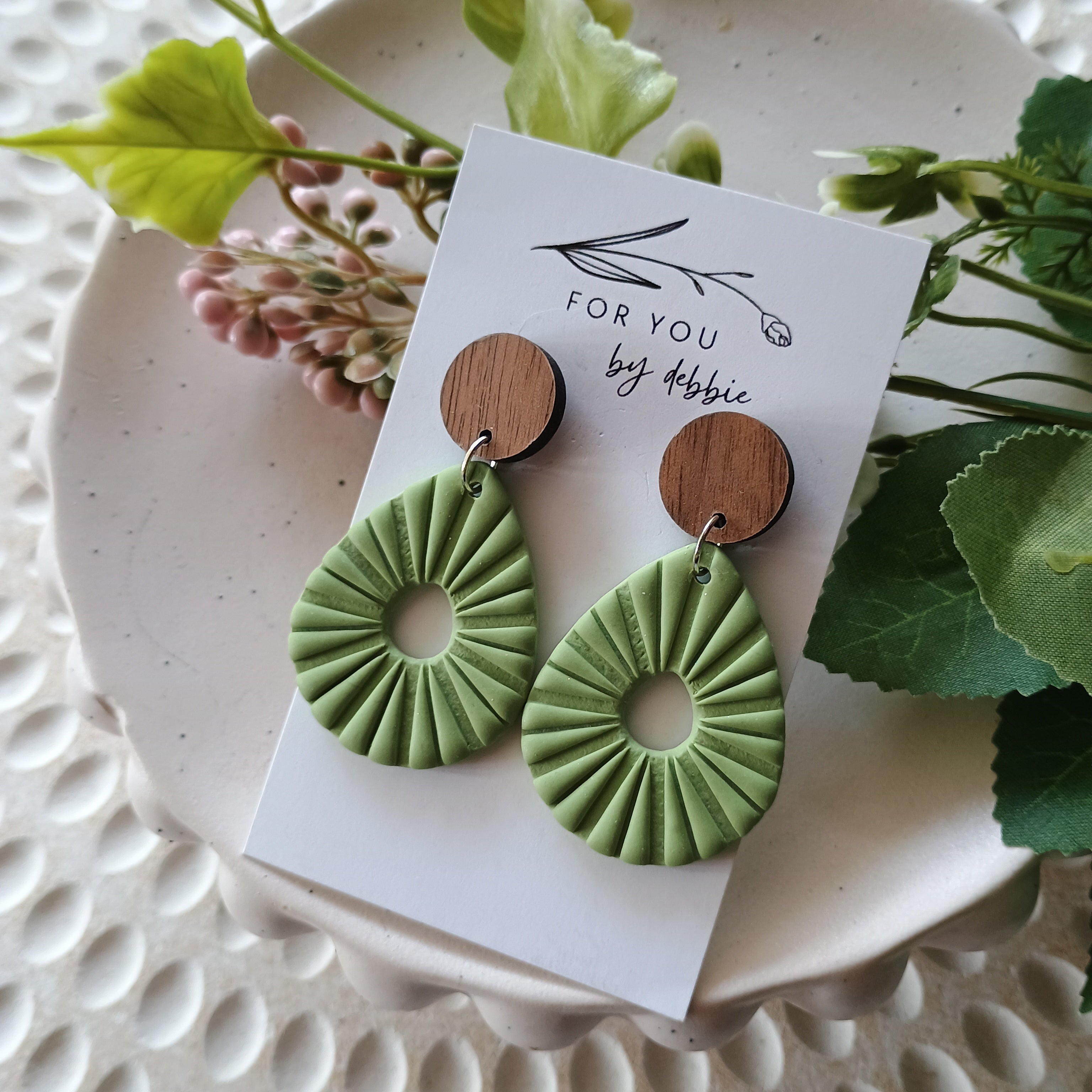 Karla dangle earrings- green and wood stud