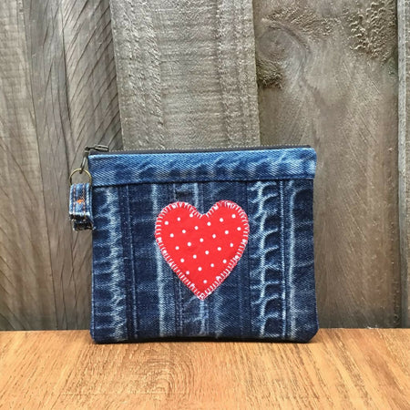 Upcycled Denim Cuff Coin Purse – Red Polka Dot Heart