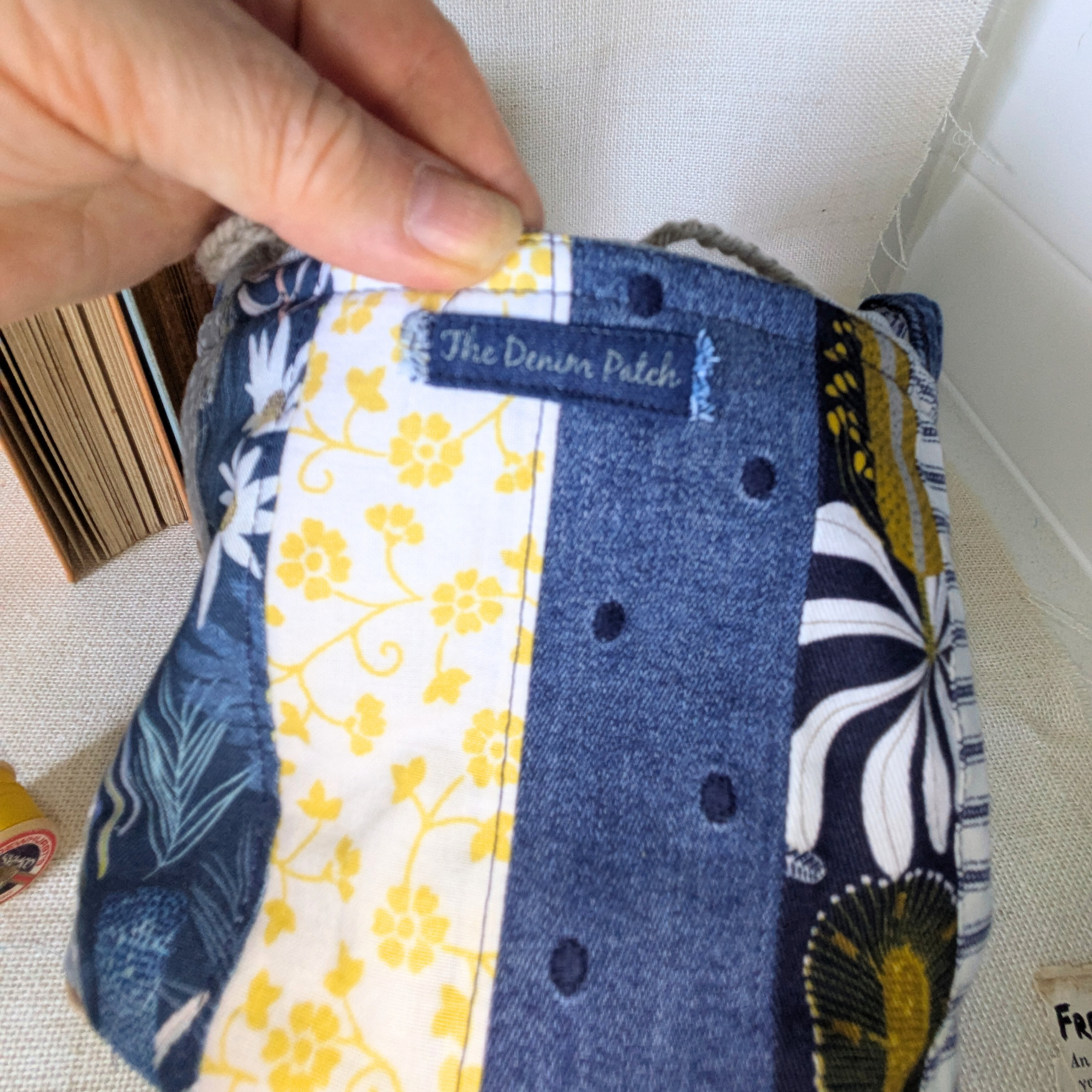 Project Bag Upcycled Denim, Craft Storage, Navy & Yellow Small