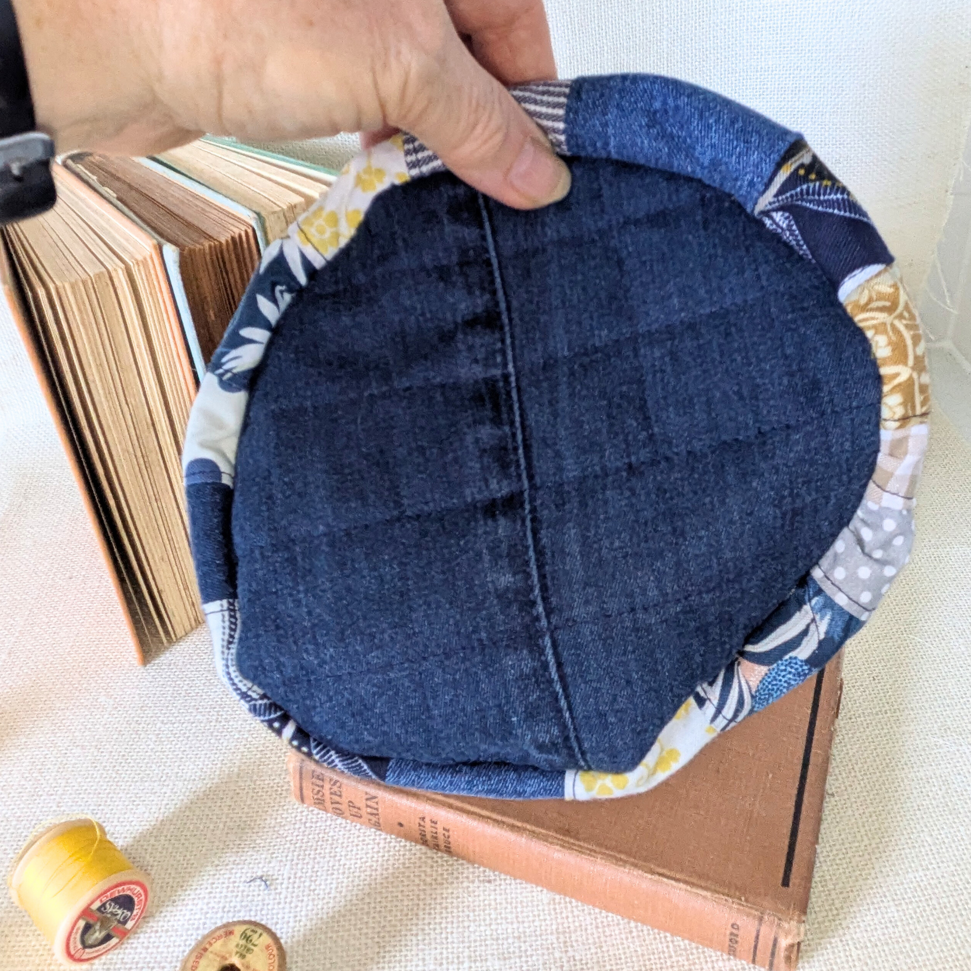 Project Bag Upcycled Denim, Craft Storage, Navy & Yellow Small