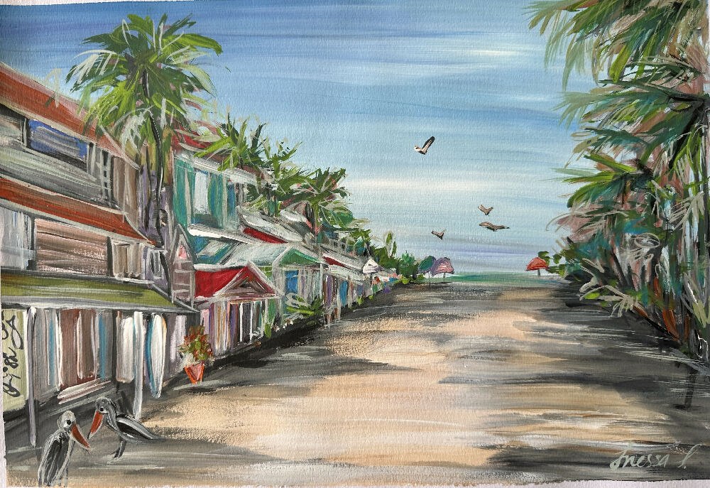 Sleepy beach town, acrylic painting, signed framed 40x50cm