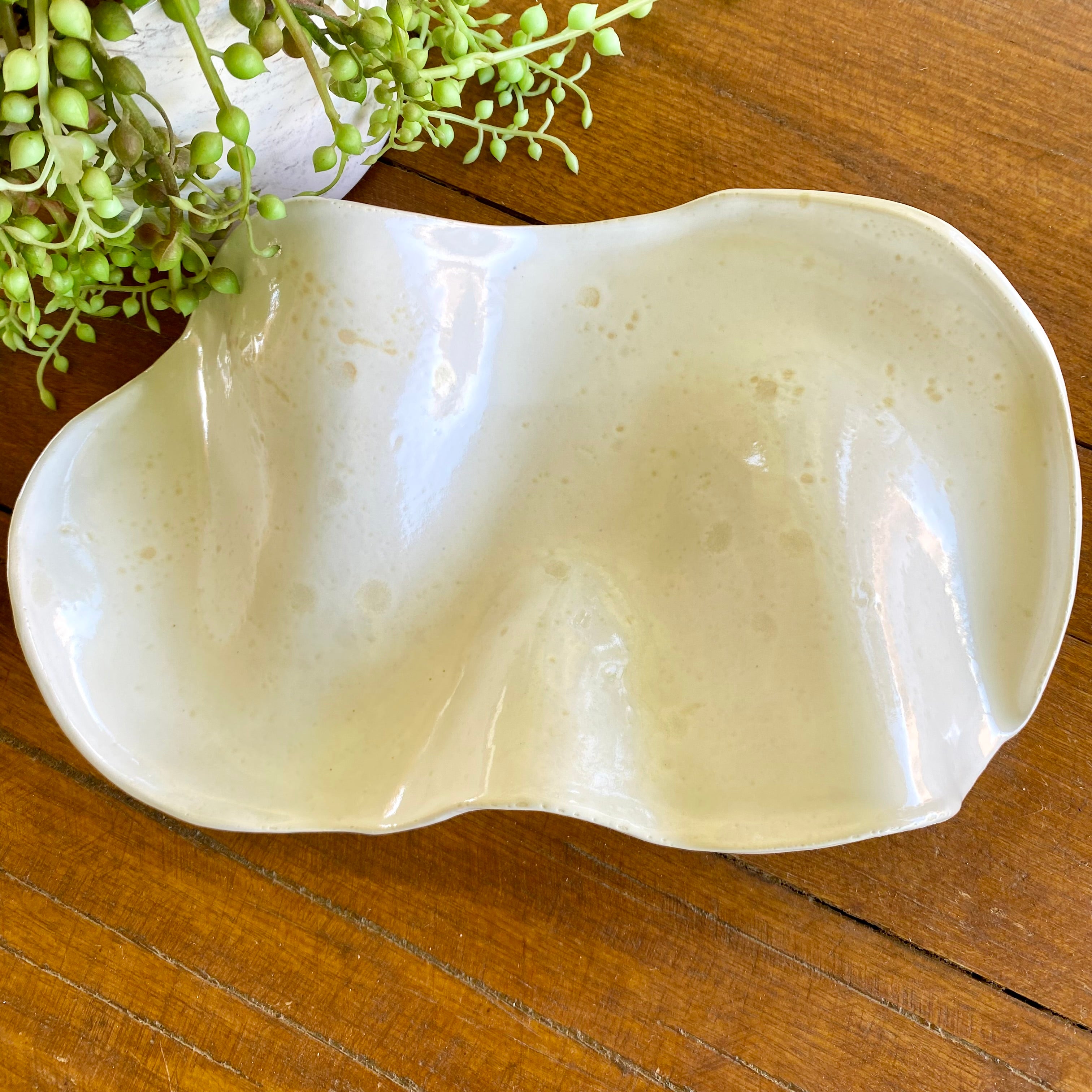 Large Ceramic Curvy Platter in White with Blush Pink Splashes|Restocked|Handmade Pottery
