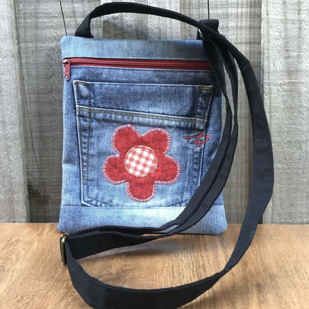 Upcycled Denim Crossbody Bag - Red Flower