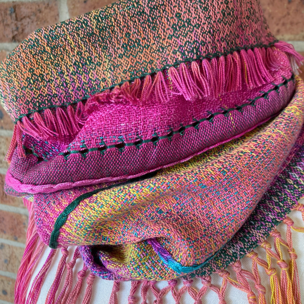 Handwoven cowl - bright pinks and green with extra details