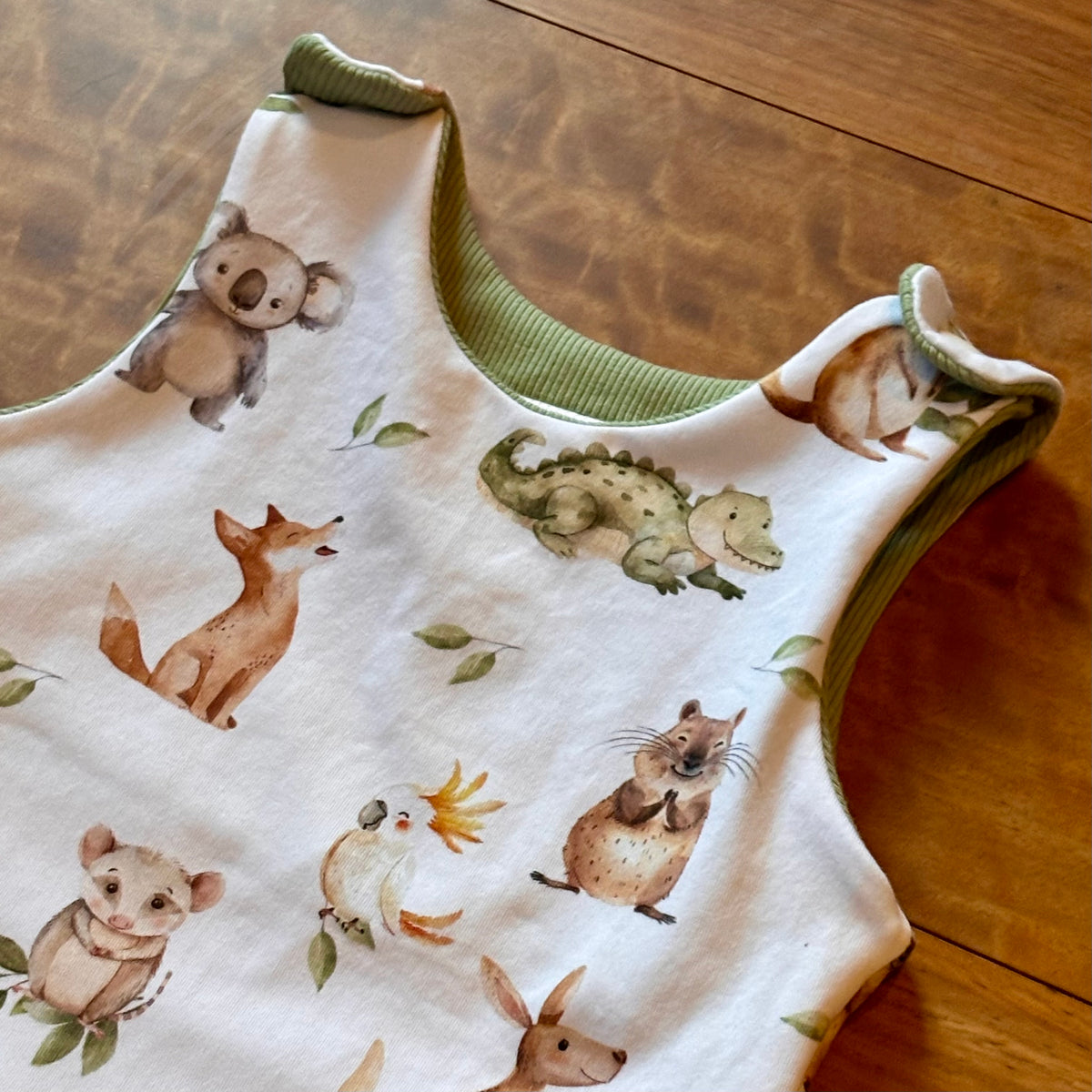Baby Stretch Overalls | Green Australian Animals | Size 000 to 3 | Made to order