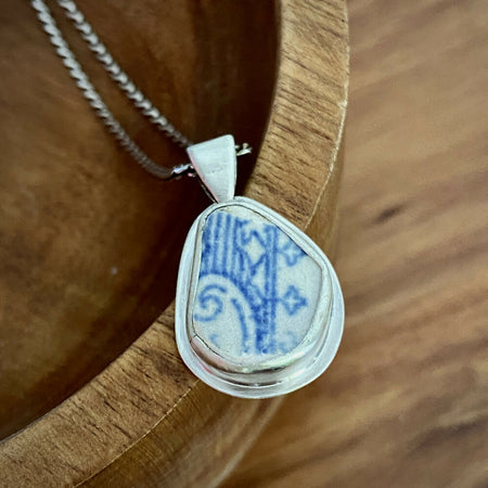 Sterling Silver Sea Pottery Reversible Bezel Set Pendant - Blue Stems