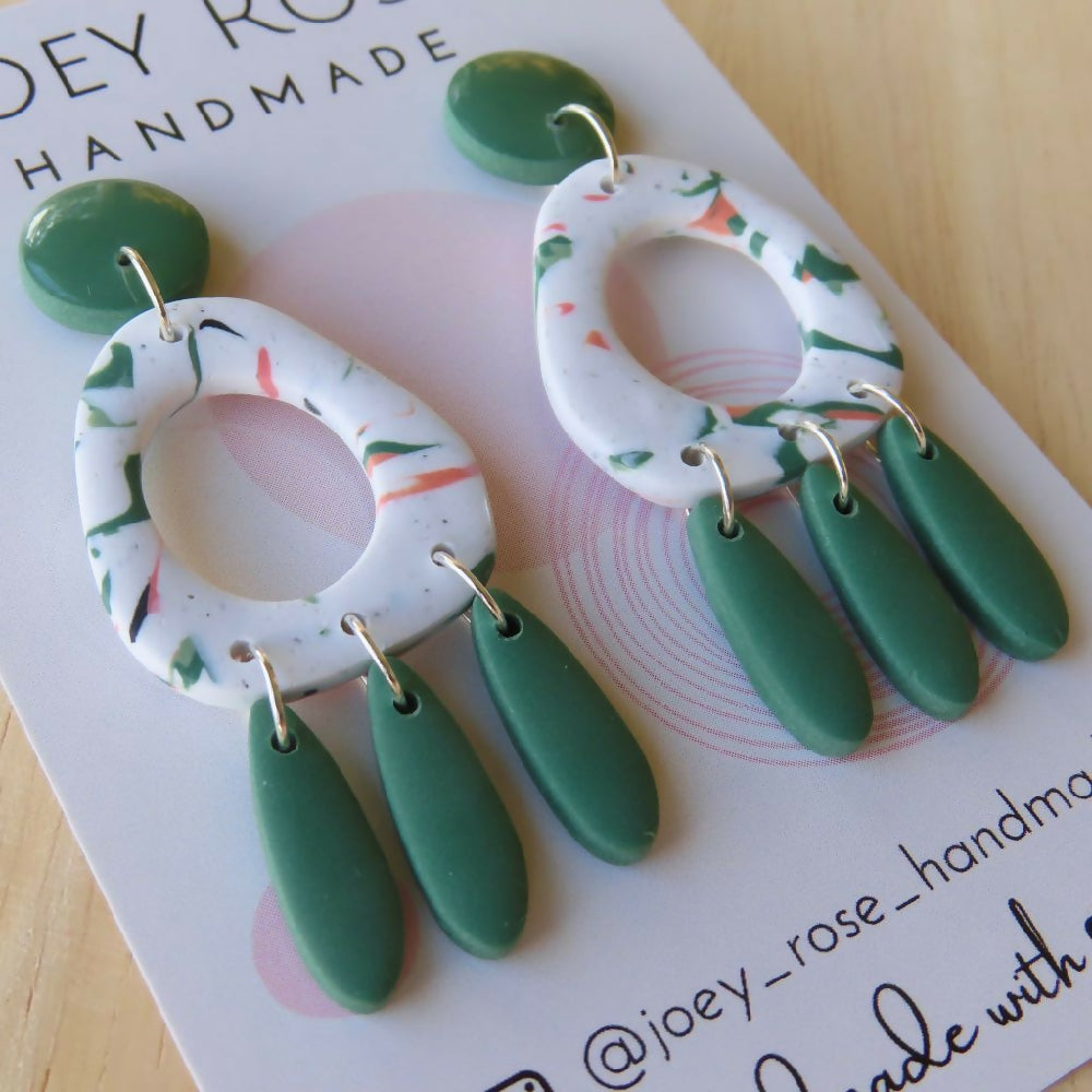 CHRISSY ~ Green & Peach Marbled Print ~ Polymer Clay Earrings