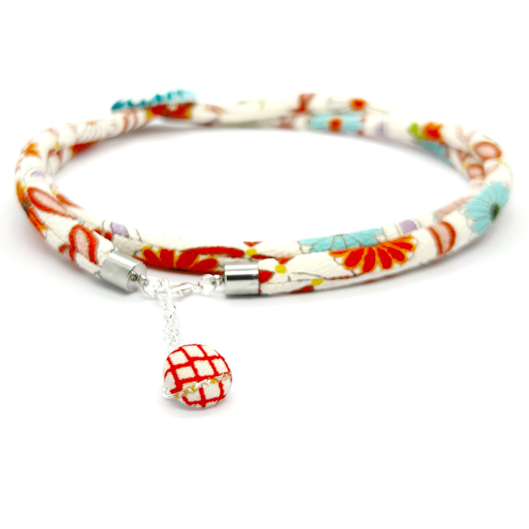 Kimono Cord Necklace - Aqua and Red Blossom
