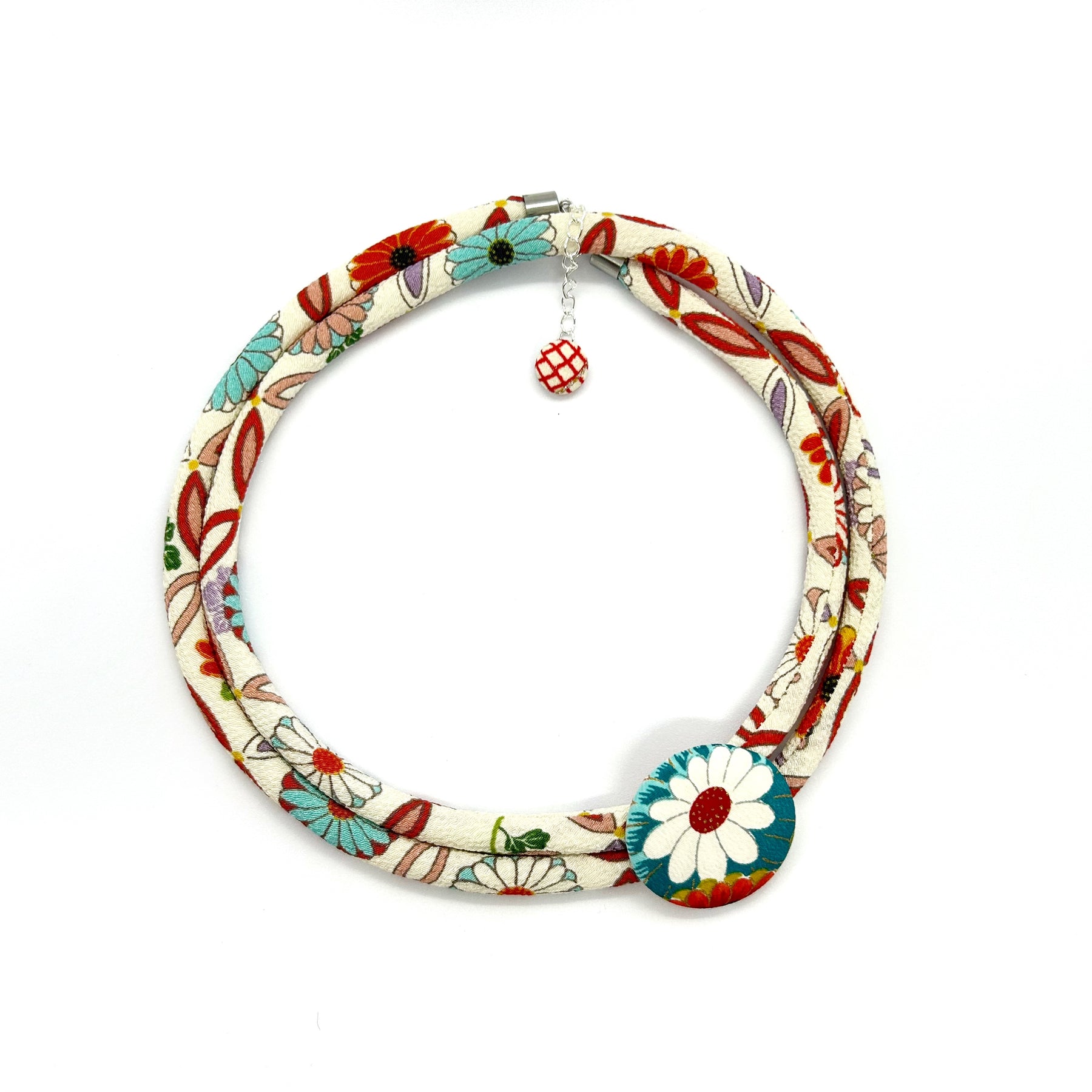 Kimono Cord Necklace - Aqua and Red Blossom