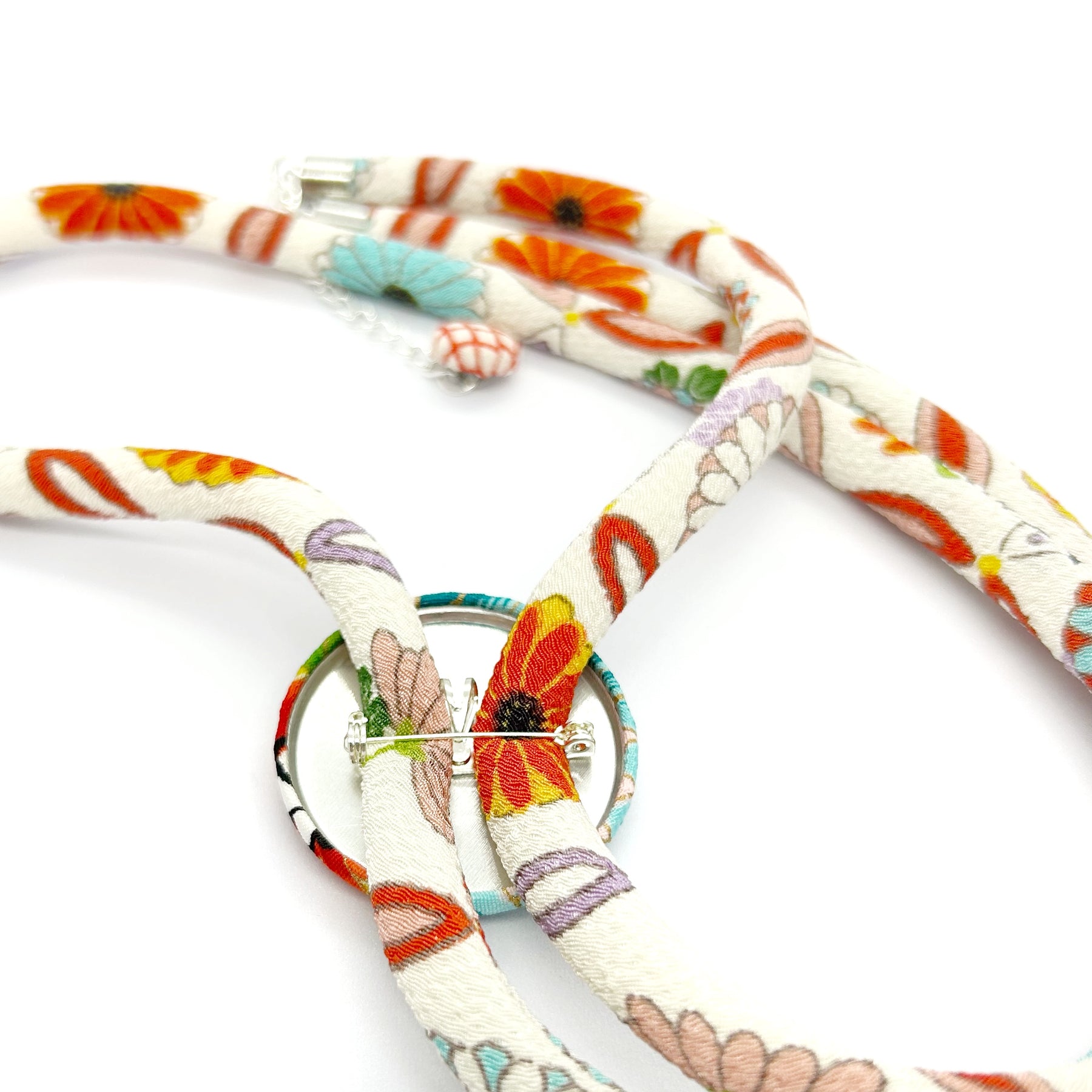Kimono Cord Necklace - Aqua and Red Blossom